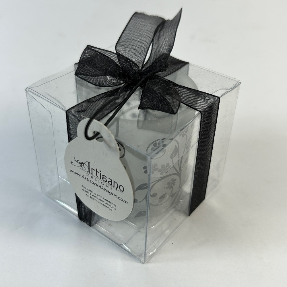 Artisano Design Frosted Glass Floral Candle Holder | Black Ribbon Gift Box Decor